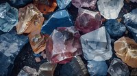 Colorful raw crystals and mineral stones macro shot showing natural texture and formations. Blue, purple, and orange mineral specimens on dark background.