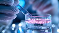 Laboratory scientist in protective gloves pipetting pink granular substance into glass petri dish against blue illuminated background in research facility.