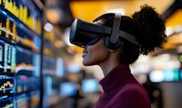 Young African American woman wearing VR headset smiles while experiencing virtual reality against blurred digital display background in modern setting.