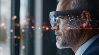Senior businessman in glasses with glowing digital particles flowing through, symbolizing innovative vision and technological transformation in corporate leadership.