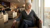 Elegant senior businesswoman with gray hair sitting in modern restaurant lounge, looking thoughtfully out window during golden hour lighting.