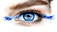 Artistic close-up of bright blue eye with magical star-filled cosmic effect, long eyelashes and detailed iris, fantasy makeup concept on white background.