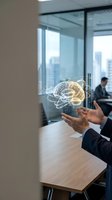 Businessman holding glowing digital brain hologram in modern office with cityscape view, representing artificial intelligence, innovation, and creative thinking for business solutions.