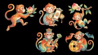 Five colorful Chinese zodiac monkeys in traditional folk art style, isolated on transparent background. Great for lunar new year clipart, stickers, t-shirt design, print on demand.