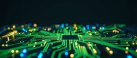 Glowing green circuit board pathways with illuminated nodes and data flow, representing technology, artificial intelligence, and digital connectivity for tech backgrounds.