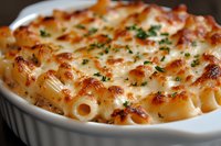 Creamy baked macaroni and cheese casserole topped with golden brown crust and fresh herbs, served in white ceramic dish, close up view of comfort food.
