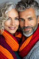 Mature couple wearing colorful knitted scarves smiling at camera. Close up portrait of middle-aged man and woman with gray hair showing genuine happiness.