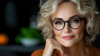 Mature blonde woman with stylish glasses and curly hair smiling confidently. Professional portrait showing wisdom and success in business or education setting.