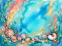 Underwater ocean scene with colorful seashells, coral and marine life forming decorative border on turquoise watercolor background for summer designs.