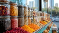 Glass jars filled with colorful spices and dried herbs on display at market counter, vibrant turmeric, paprika and other seasonings in bulk storage containers.