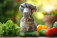 Adorable bunny wearing chef hat surrounded by fresh vegetables and produce including lettuce, tomatoes, cucumbers on wooden table with soft bokeh background.