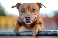 Adorable brown Chihuahua mix dog with bright blue eyes and friendly expression leaning forward with paws on edge, captured in sharp focus with blurred background.