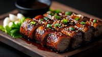 Glazed pork belly slices garnished with green onions and sesame seeds on wooden board, drizzled with sweet soy sauce in dark moody lighting.