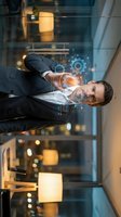 Professional businessman using futuristic holographic interface technology in modern office environment for digital transformation and innovation.