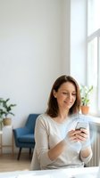 Woman in casual beige sweater holding smartphone, smiling while looking at screen in bright modern home office with blue chair and potted plants by window.