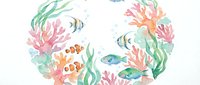 Watercolor underwater scene with tropical fish, coral reefs and seaweed on white background. Marine life illustration for nursery decor and educational materials.