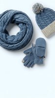 Blue knitted winter accessories set with cable pattern scarf, pom pom beanie hat and convertible mittens on white background for seasonal fashion design.