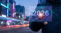 Businessman touching holographic 2026 display on futuristic city street with neon lights and digital interface technology for new year planning.