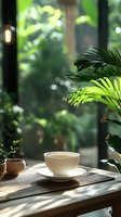 White ceramic cup with hot tea on wooden table surrounded by lush green tropical plants and natural sunlight streaming through windows creating peaceful atmosphere.