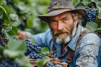 Senior Caucasian male farmer with gray beard harvesting ripe purple grapes in vineyard, wearing traditional hat and denim, authentic agricultural scene.