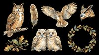 Watercolor owl clipart set with perched owl, flying owl, owl face, baby owls, feather, oak wreath, and branch, isolated on transparent background for stickers and print on demand.