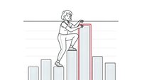 Young professional woman climbing bar chart steps reaching for success in business growth and career advancement concept.