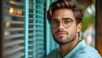 Young Hispanic man with beard and glasses looking thoughtfully through window blinds, wearing light blue shirt, soft natural lighting creates warm atmosphere.