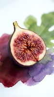Fresh ripe fig cut in half showing red flesh and seeds on watercolor background with green leaves for healthy eating and Mediterranean cuisine.