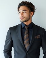 Young Asian businessman wearing black suit and striped tie looking confidently aside against light background, modern professional corporate portrait.