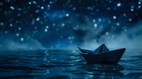 Paper boat floating on dark water surface with bokeh lights and raindrops creating magical atmosphere at night. Peaceful solitude concept.