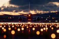 Commercial airplane on illuminated runway at sunset with dramatic sky and golden bokeh lights creating atmospheric aviation scene for travel concepts.