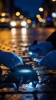 Forensic investigator collecting evidence samples from wet pavement at night crime scene with flashlight and tweezers in urban street setting.