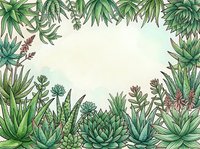 Tropical succulent plants frame border with green cacti and exotic foliage on light background for botanical design projects and natural decorations.