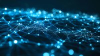 Abstract network visualization with glowing blue nodes and connecting lines against dark background, representing digital connectivity and data flow in technology.