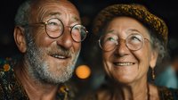 Happy elderly couple with glasses smiling together at night, senior man and woman enjoying romantic evening outdoors with warm city lights background.