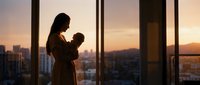 Young mother holding newborn baby silhouette against window with city skyline at sunset, maternal bonding moment in modern apartment interior.