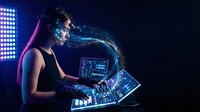 Young Asian woman DJ mixing music with futuristic holographic interface and neon lighting effects in nightclub setting for electronic music production.