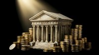 Classical bank building with columns surrounded by golden coin stacks on dark background. Financial institution architecture concept for banking services.