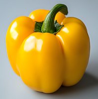 Fresh yellow bell pepper with bright glossy skin and green stem on neutral background, macro food photography for cooking and healthy eating concepts.