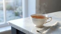 Steaming hot tea cup on white marble table by bright window with natural light creating peaceful morning atmosphere for relaxation and comfort.
