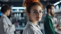 Young female scientist with curly red hair and glasses in laboratory coat looking thoughtful while working in modern research facility with colleagues in background.