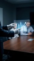 Businessman touching holographic display with city skyline and growth arrow icons representing urban development and real estate investment analytics.
