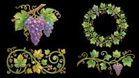 Decorative grape vine clipart set with leaves, clusters, and ornate swirls, isolated on transparent background. Ready for sublimation, stickers, and t-shirt design.