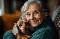 Senior woman with silver hair wearing green knitted sweater embracing small brown dachshund dog, sharing tender moment together in warm atmospheric lighting.