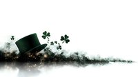 Green leprechaun hat with floating shamrocks on abstract dark background with golden sparkles, perfect for St. Patrick's Day holiday designs.