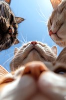 Curious cats looking down at camera against blue sky background, forming circle with their faces. Close up view of feline whiskers and noses creates playful perspective.