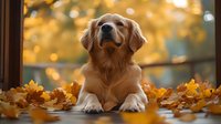 Golden Retriever dog lying on wooden surface surrounded by fallen autumn maple leaves against blurred golden bokeh background, seasonal outdoor portrait.