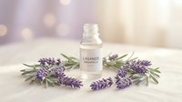 Small glass bottle with lavender essential oil surrounded by fresh purple lavender sprigs on neutral surface with soft bokeh background for aromatherapy.