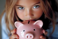 Young girl with blue eyes holding pink ceramic piggy bank close to face, creating engaging financial education concept for children and savings habits.