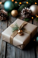 Elegantly wrapped kraft paper gift with gold ribbon, pine sprig and bauble decoration against rustic wooden background with pinecones and holiday ornaments.